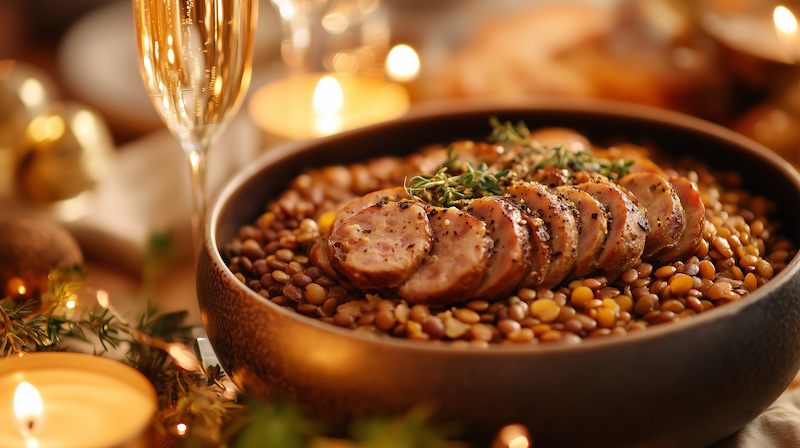 Traditional Italian dishes take center stage on New Year's Eve, featuring lentils with sausage, symbolizing prosperity and abundance for the coming year.