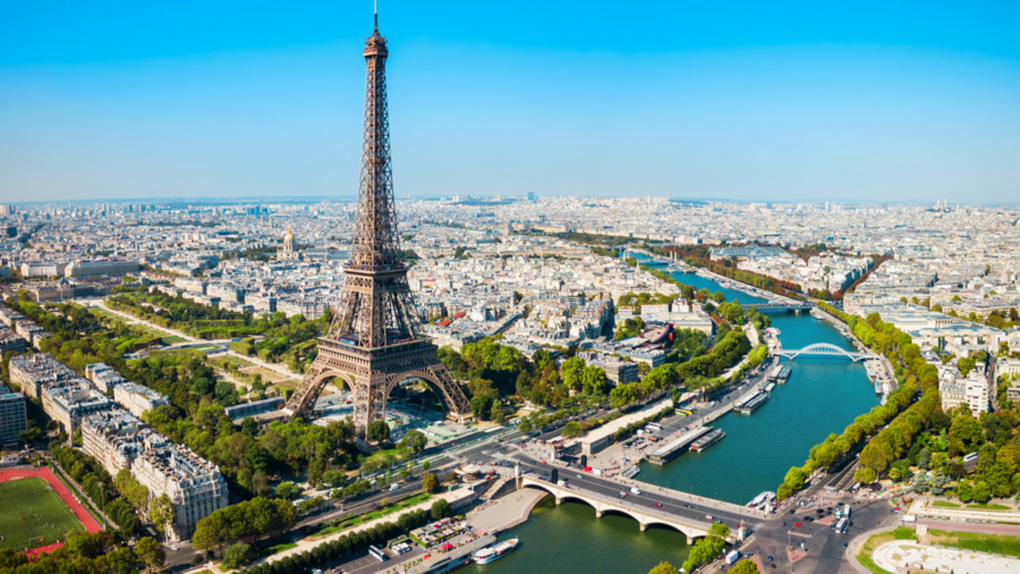 Eiffel Tower or Tour Eiffel aerial view, is a wrought iron lattice tower on the Champ de Mars in Paris, France