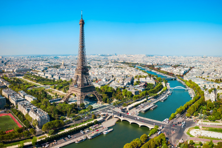 Eiffel Tower or Tour Eiffel aerial view, is a wrought iron lattice tower on the Champ de Mars in Paris, France