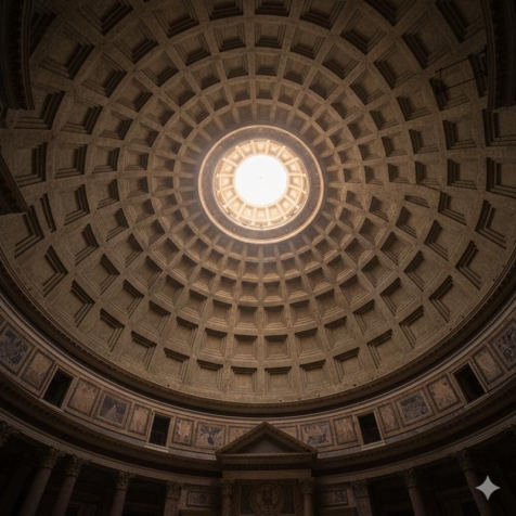 Interior view of the Pantheon dome in Rome with natural light streaming through the central oculus.