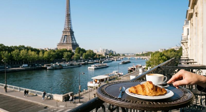 enjoying a croissant in paris with eiffel tower view
